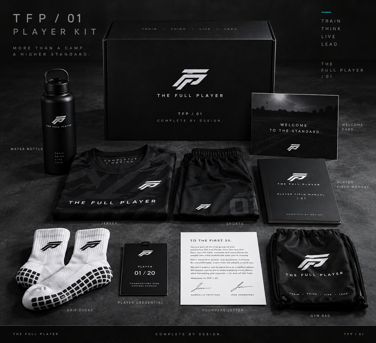 TFP / 01 Player Kit: jersey, shorts, grip socks, water bottle, gym bag, player credential, field manual, welcome card and founders letter